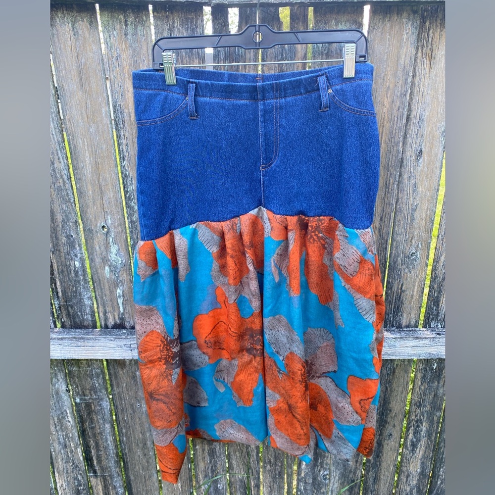 Women’s Blue Jean Skirt with Floral Accents-Size 12/14